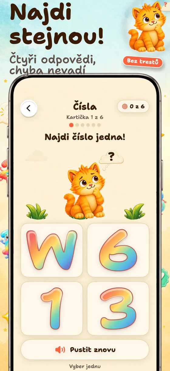Potom hledá stejnou kartu — Čtyři možnosti pomáhají s opakováním. Špatná odpověď nic nestojí — dítě může pokračovat ve hře a učení.