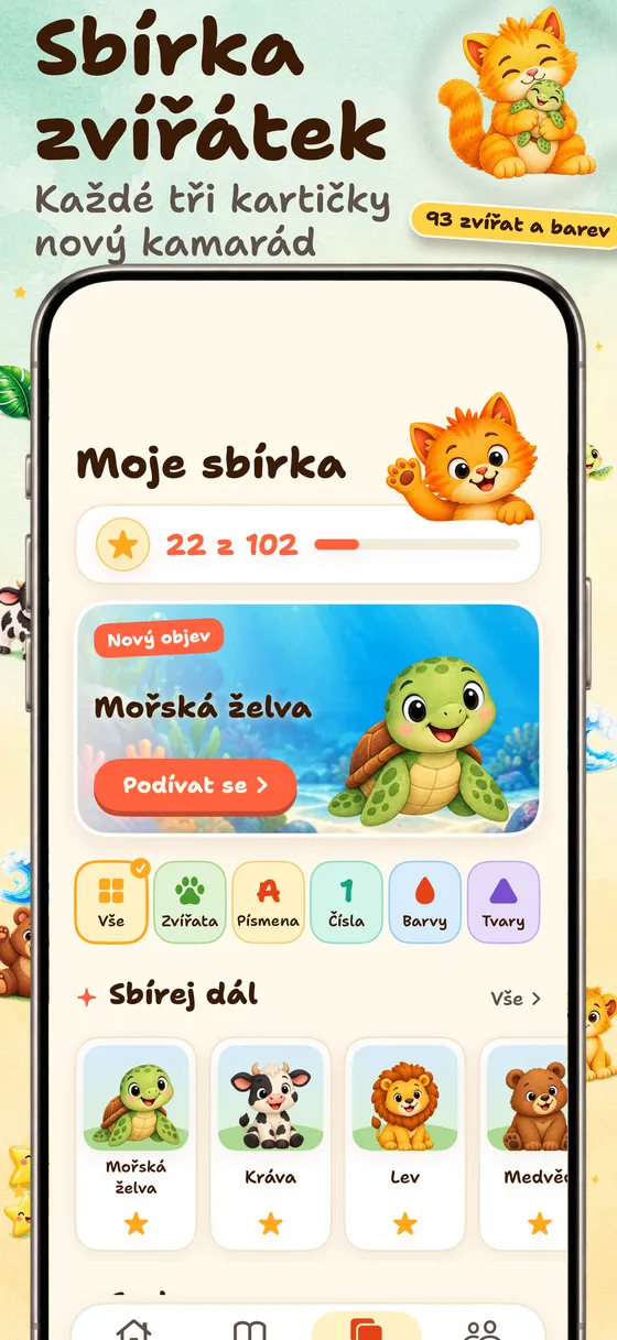Naučené karty postupně odemykají zvířata a barvy ve sbírce. Paint & Say nabízí klidné malování a poslech slov.