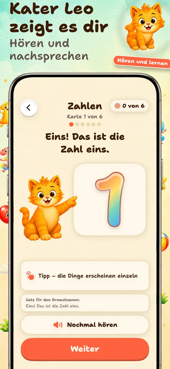 Zuerst zeigt Leo die Idee — Eine Karte stellt einen Begriff mit einem klaren Bild und einem gesprochenen Satz vor. Das Kind kann noch einmal zuhören und im eigenen Tempo weitermachen.