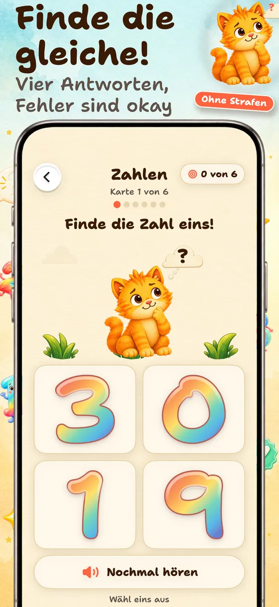 Dann wird das Passende gesucht — Vier Antworten helfen beim Wiederholen. Eine falsche Antwort kostet nichts – das Kind kann weiterspielen und dabei lernen.