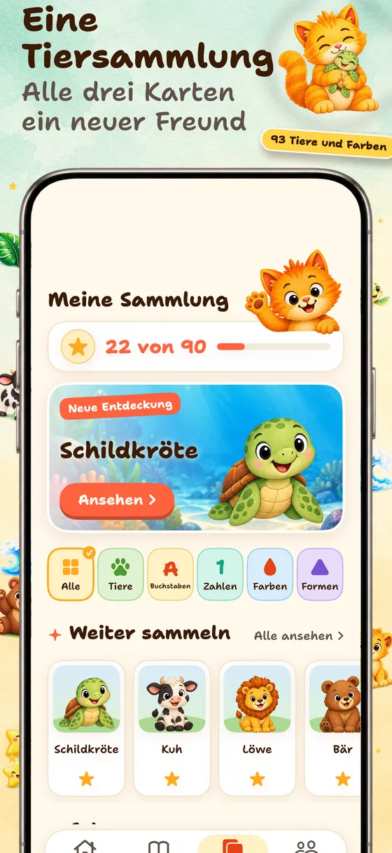 Über gelernte Karten lassen sich Tiere und Farben in der Sammlung entdecken. Paint & Say lädt zum ruhigen Ausmalen und Zuhören ein.