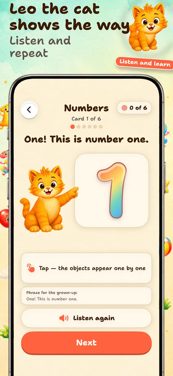 First, Leo shows the idea — A card introduces one small idea with a clear picture and a spoken phrase. Children can listen again and explore at their own pace.