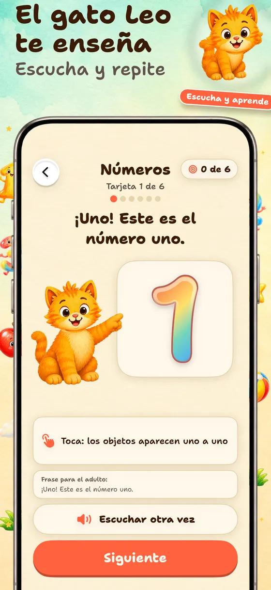 Primero, Leo lo muestra — Una tarjeta presenta una idea con una imagen clara y una frase hablada. El niño puede volver a escucharla y avanzar a su ritmo.