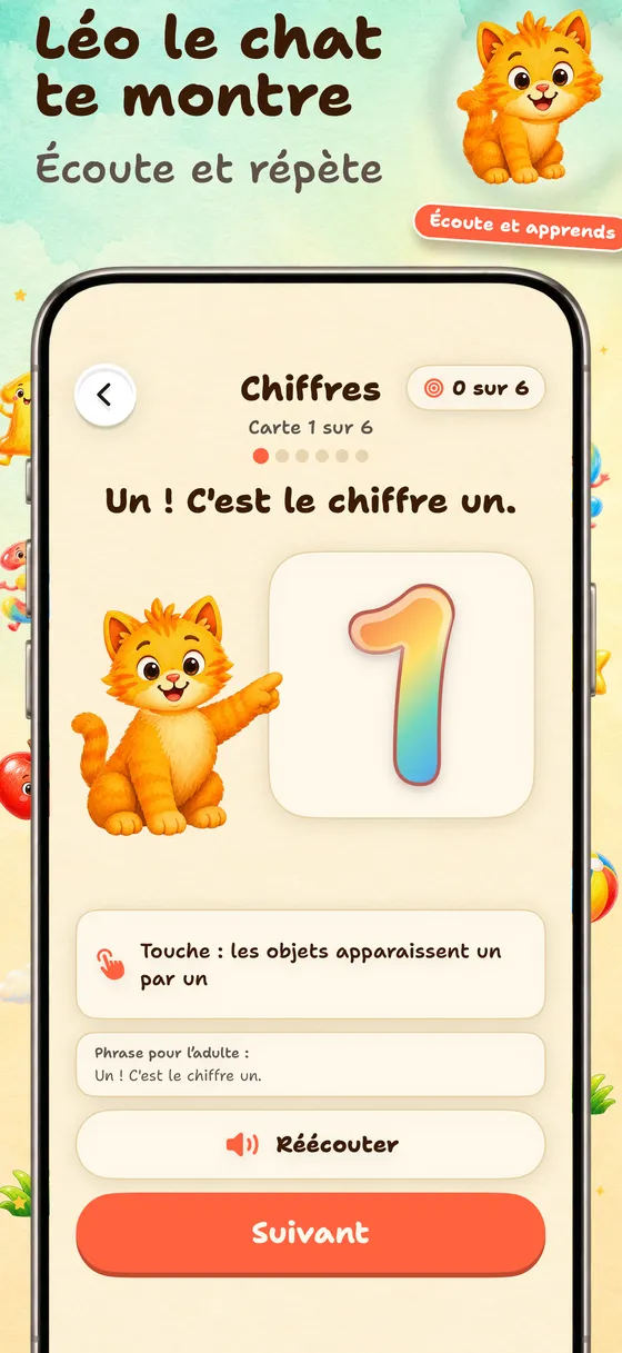 Léo présente une idée — Une carte montre une notion avec une image claire et une phrase prononcée. L’enfant peut réécouter et avancer à son rythme.