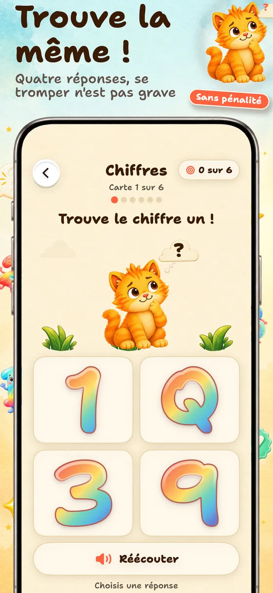 Puis, l’enfant retrouve la même carte — Quatre choix aident à revoir la notion. Une mauvaise réponse n’entraîne aucune pénalité : l’enfant continue et apprend en jouant.