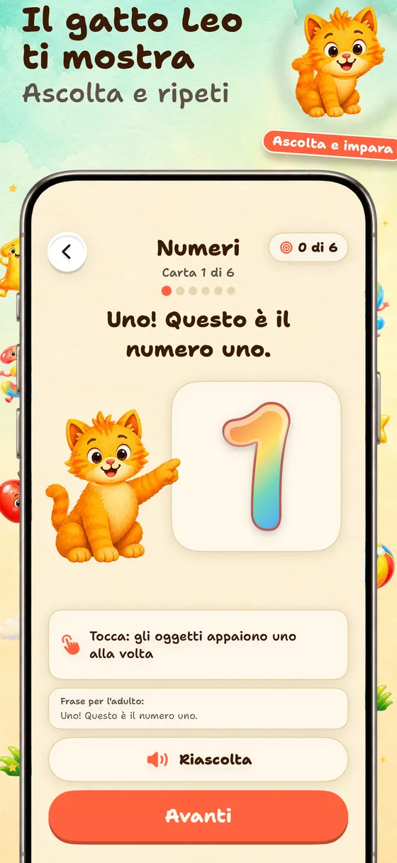 Per prima cosa, Leo mostra — Una carta presenta un concetto con un’immagine chiara e una frase parlata. Il bambino può riascoltare e procedere con i propri tempi.