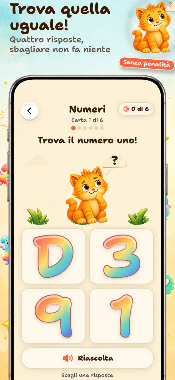 Poi si trova la carta uguale — Quattro opzioni aiutano a ripassare. Una risposta sbagliata non costa nulla: si continua a giocare e a imparare.