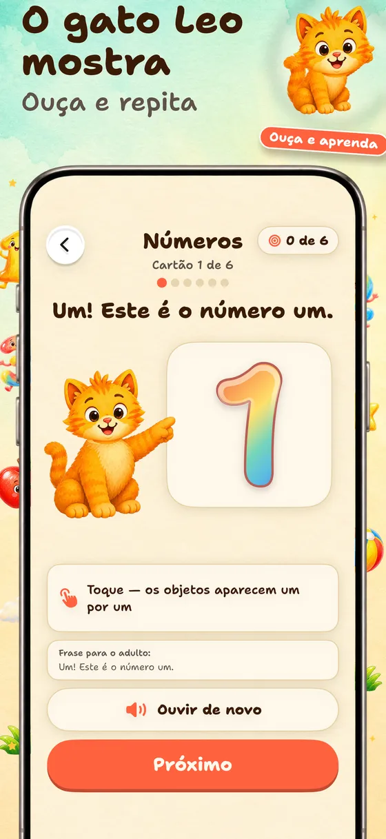 Primeiro, Leo mostra a ideia — Um cartão apresenta um conceito com uma imagem clara e uma frase falada. A criança pode ouvir de novo e seguir no próprio ritmo.