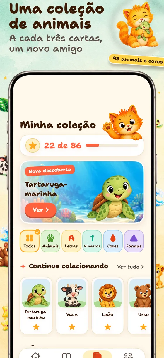 Os cartões aprendidos ajudam a descobrir animais e cores na coleção. Paint & Say oferece um momento tranquilo para colorir e ouvir palavras.