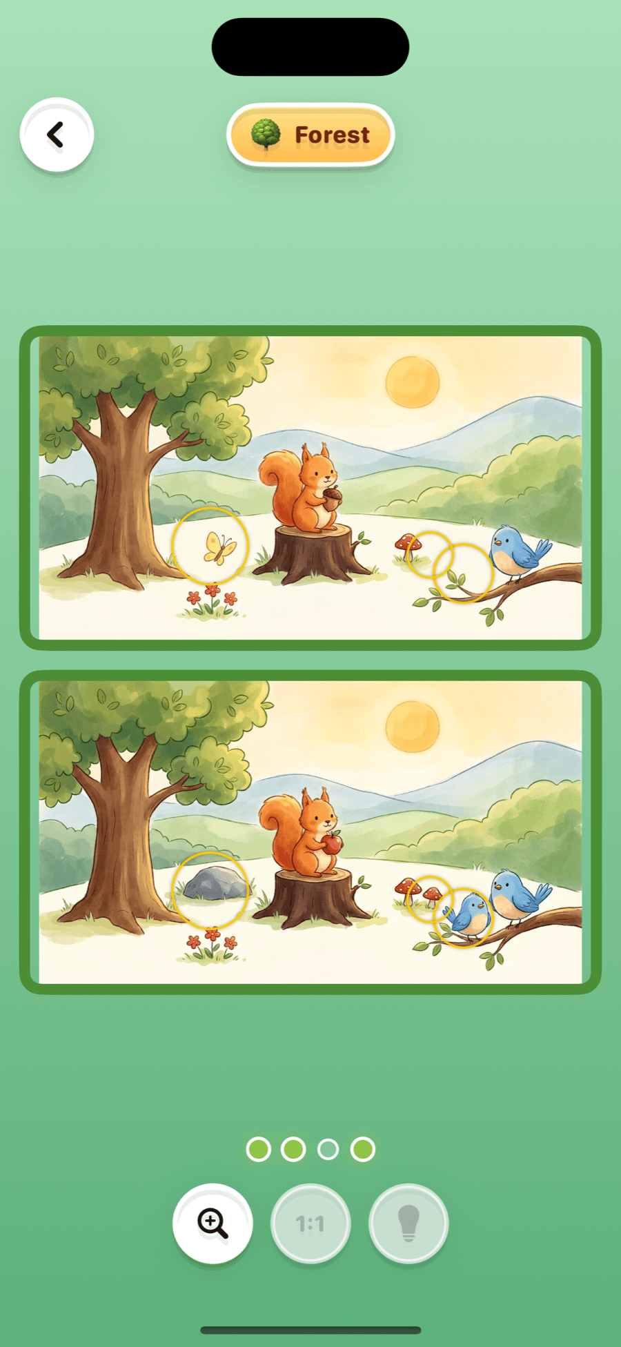 Gameplay — spot the difference between two squirrel scenes