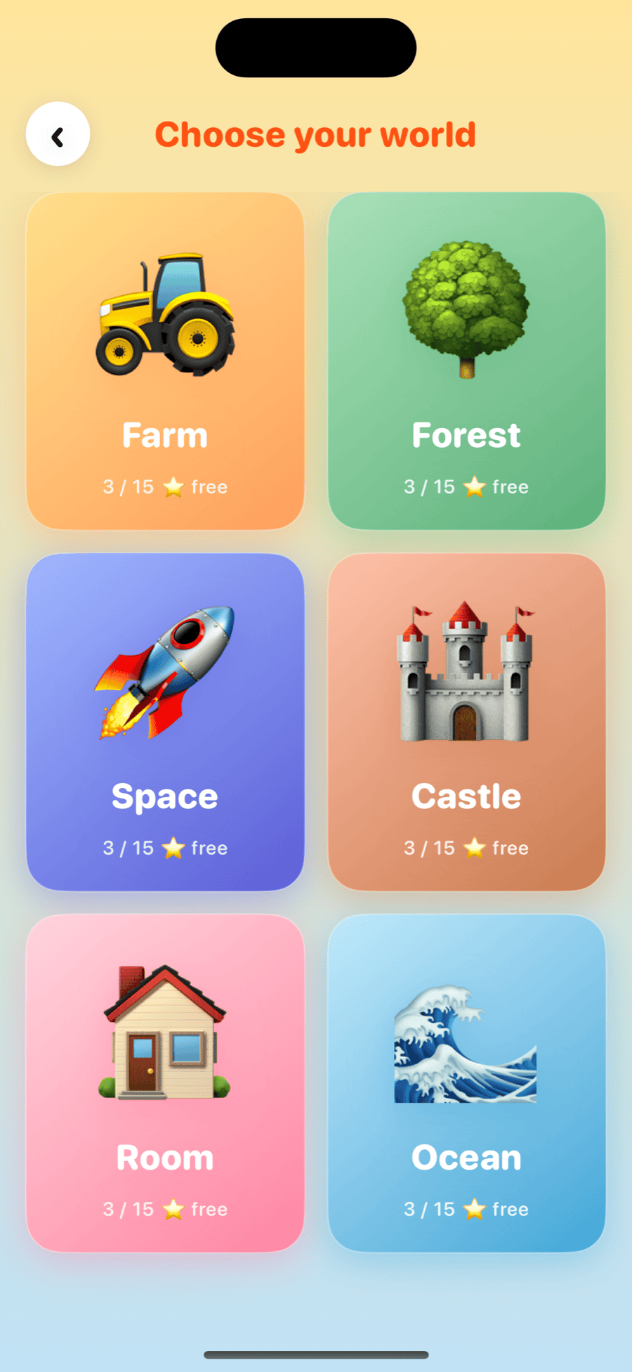 Choose your world — Farm, Forest, Space, Castle, Room, Ocean